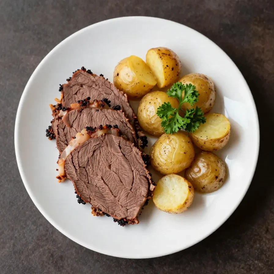 A delicious slow cooker corned beef served with colorful root vegetables.