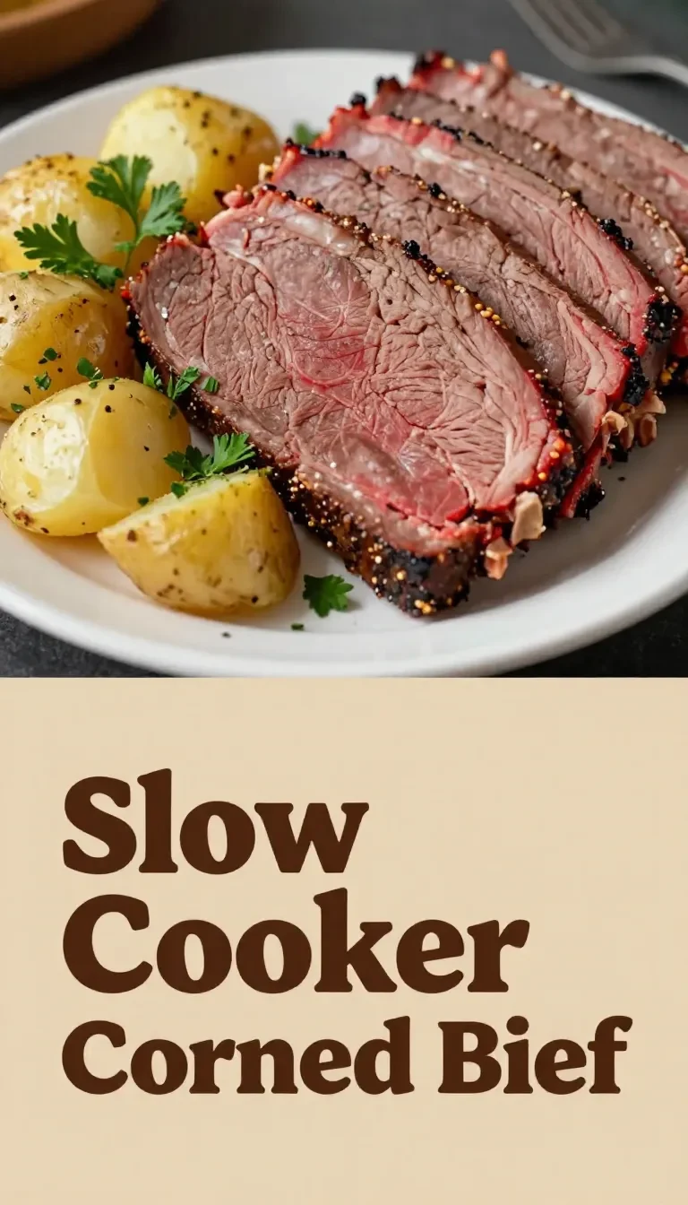 A delicious slow cooker corned beef served with colorful root vegetables.
