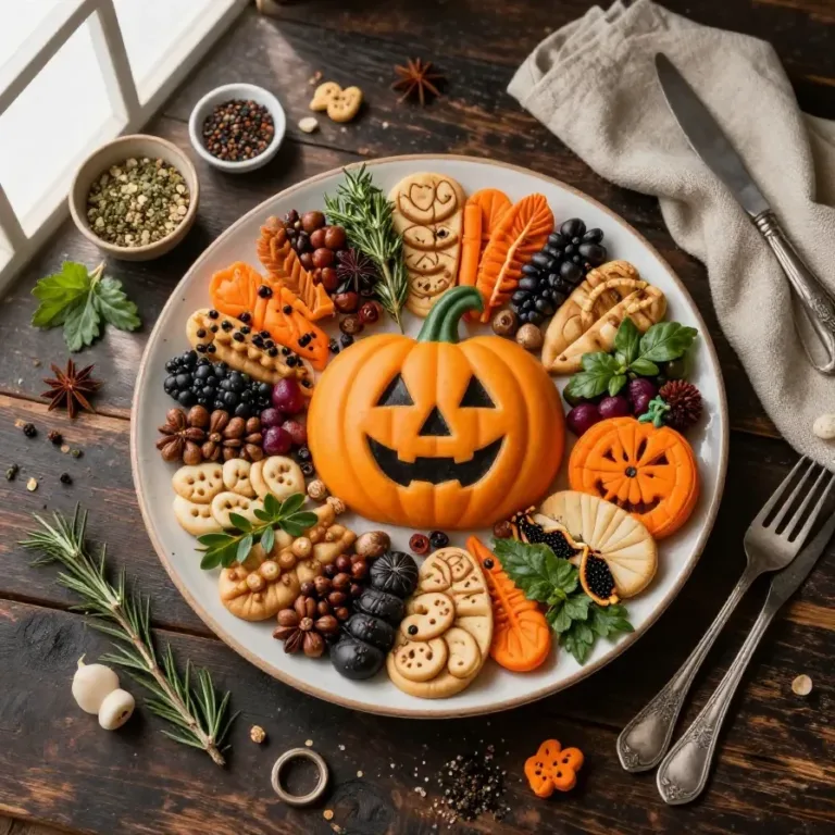 A colorful Halloween snack board filled with treats for kids, including pumpkin-shaped cookies, fruit, and candy.