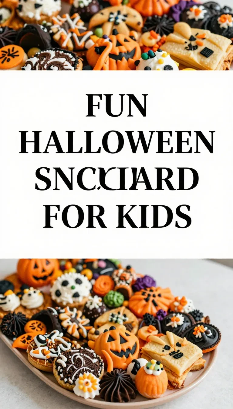 A colorful Halloween snack board filled with treats for kids, including pumpkin-shaped cookies, fruit, and candy.