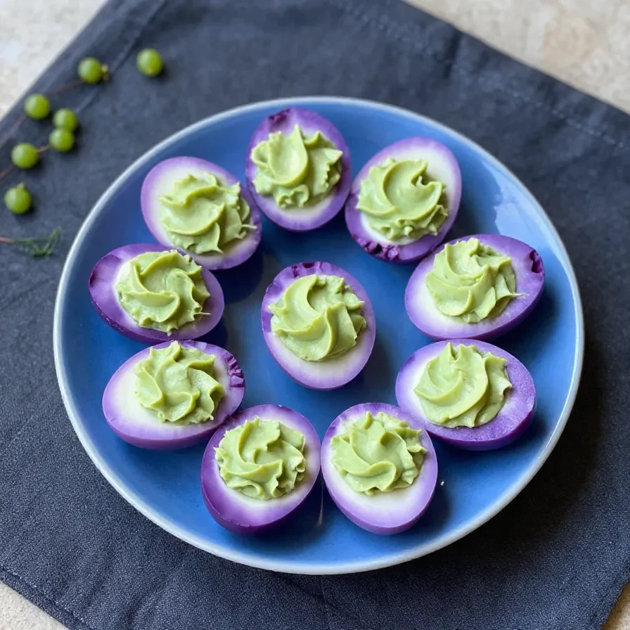 A platter of spooky Halloween deviled eggs decorated with olive spiders and red pepper fangs