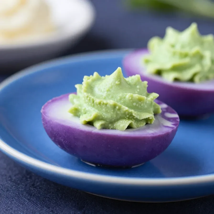 A platter of spooky Halloween deviled eggs decorated with olive spiders and red pepper fangs