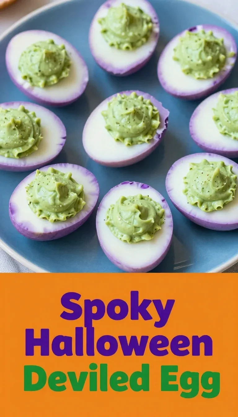 A platter of spooky Halloween deviled eggs decorated with olive spiders and red pepper fangs