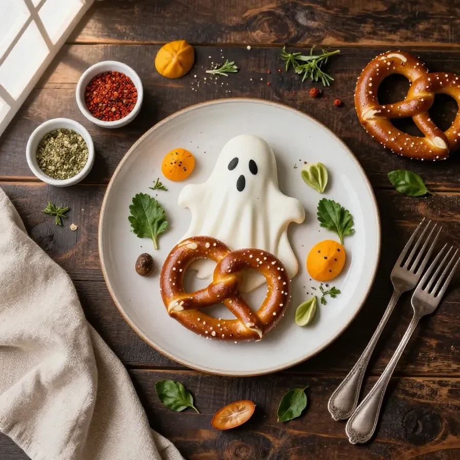 White chocolate-covered pretzels shaped like ghosts on a wooden table.