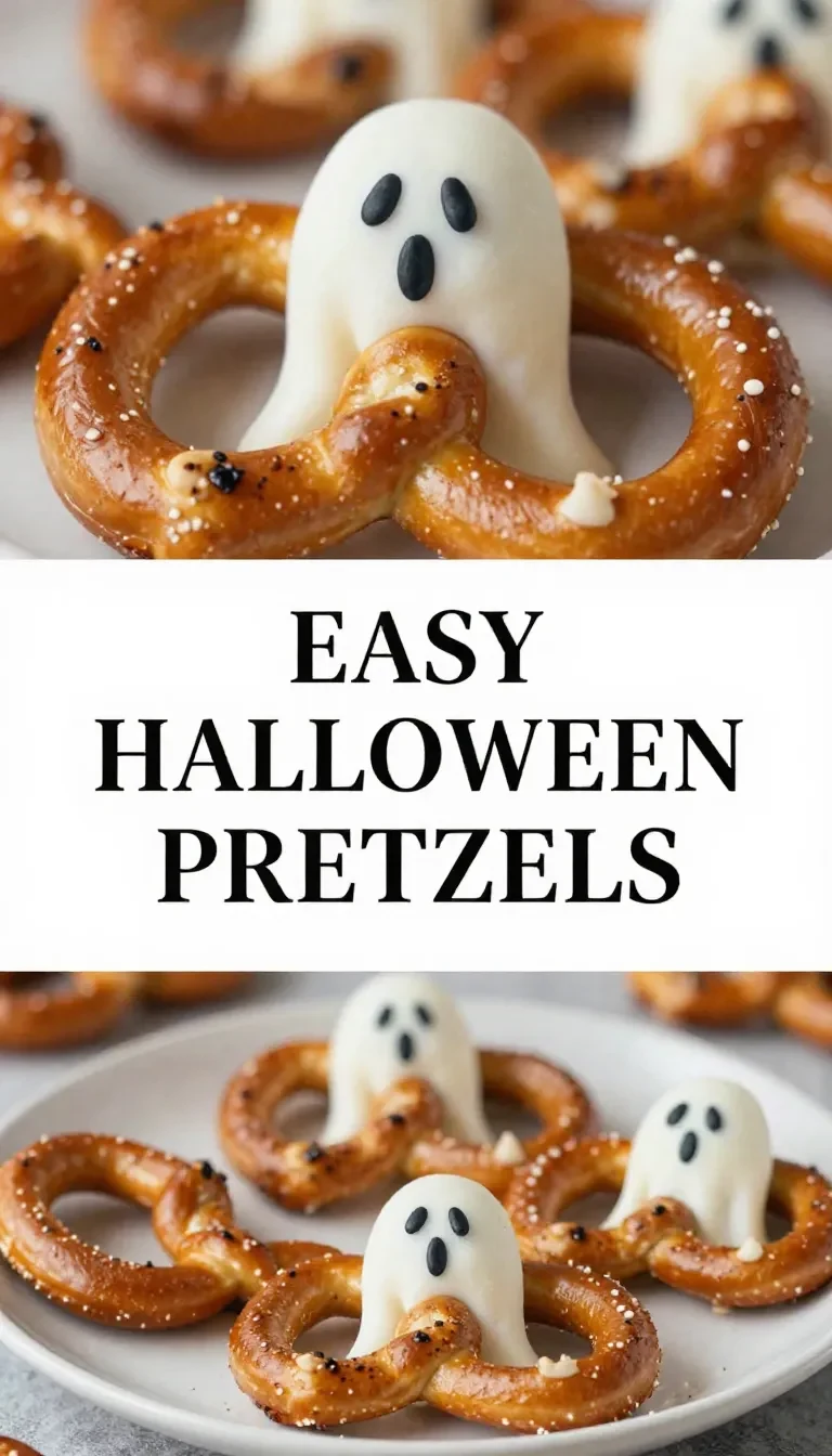 White chocolate-covered pretzels shaped like ghosts on a wooden table.