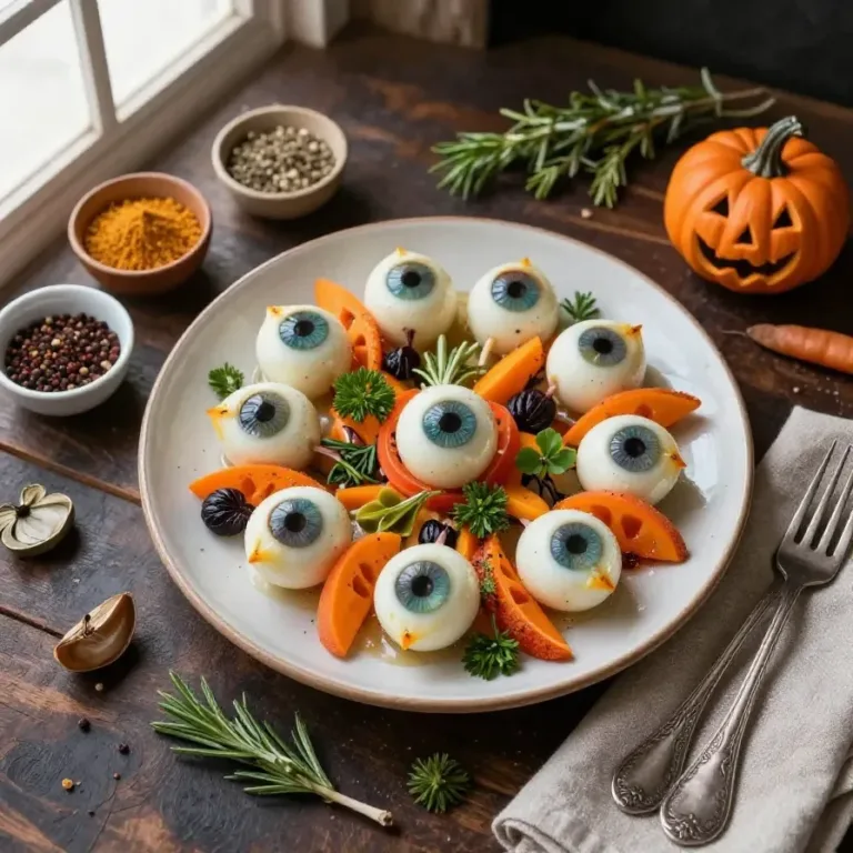 A spooky Halloween antipasto platter featuring eyeball-shaped mozzarella balls, olives, and red sauce