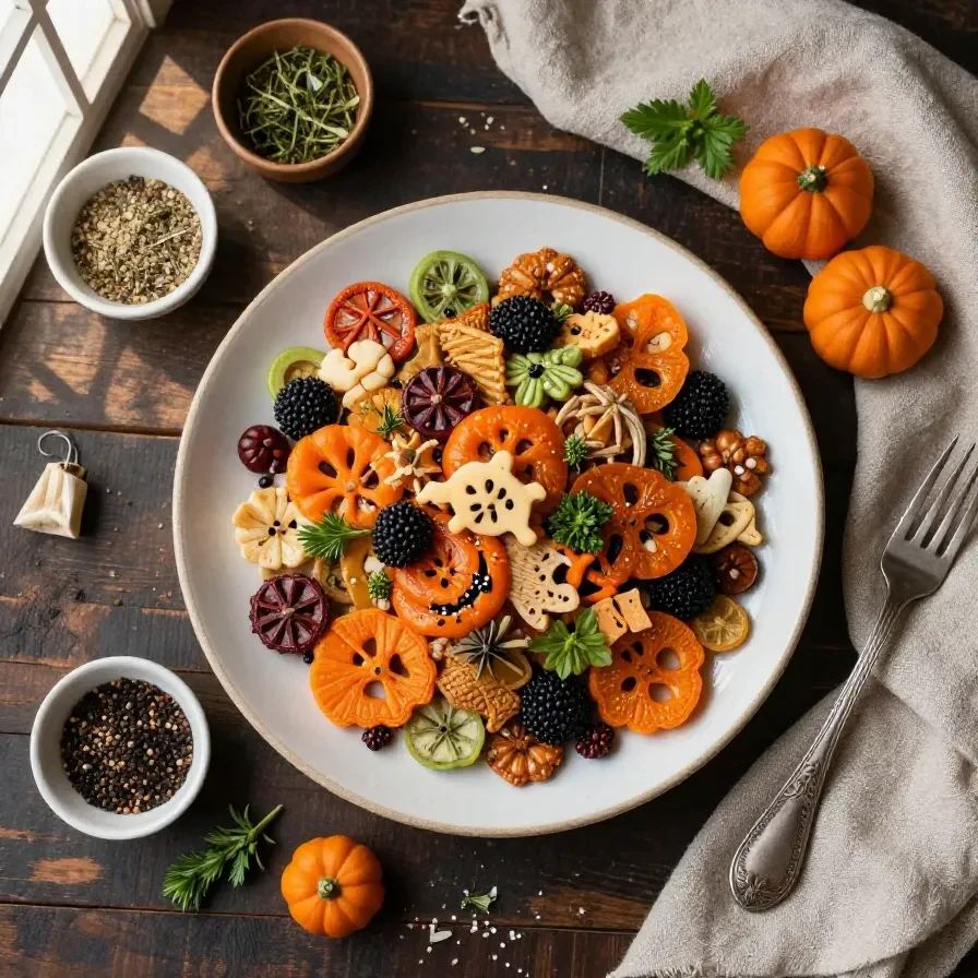 A bowl of colorful Halloween snack mix with pretzels, candy corn, and chocolate pieces.