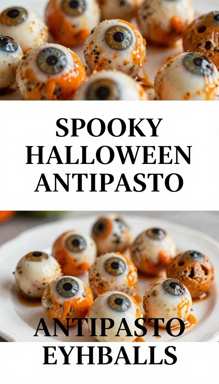 A spooky Halloween antipasto platter featuring eyeball-shaped mozzarella balls, olives, and red sauce