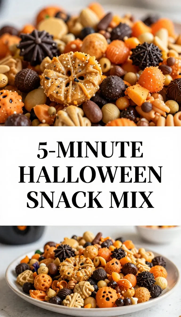A bowl of colorful Halloween snack mix with pretzels, candy corn, and chocolate pieces.