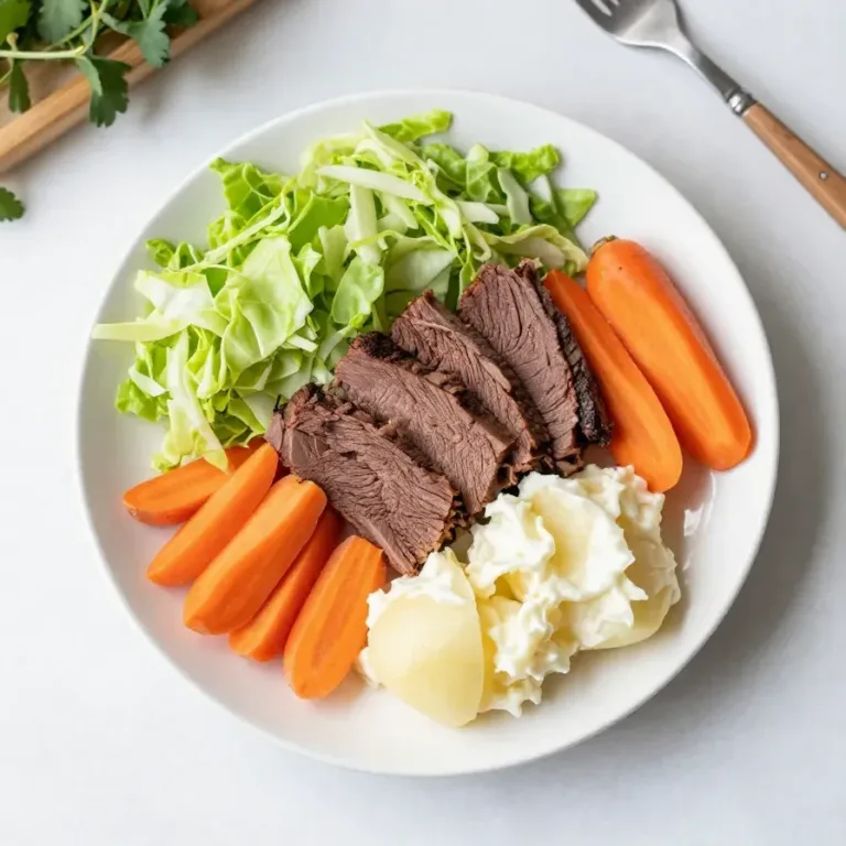 A delicious plate of Instant Pot corned beef and cabbage with carrots and potatoes