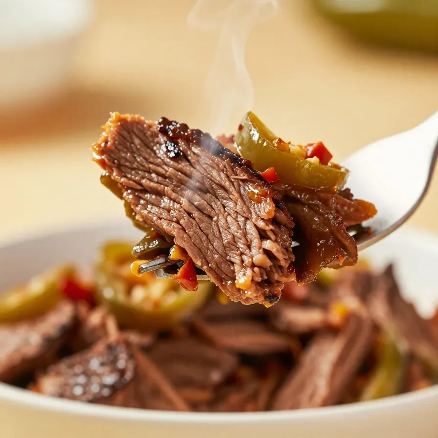 A slow cooker filled with spicy corned beef and jalapenos