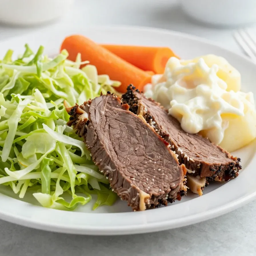 A delicious plate of Instant Pot corned beef and cabbage with carrots and potatoes