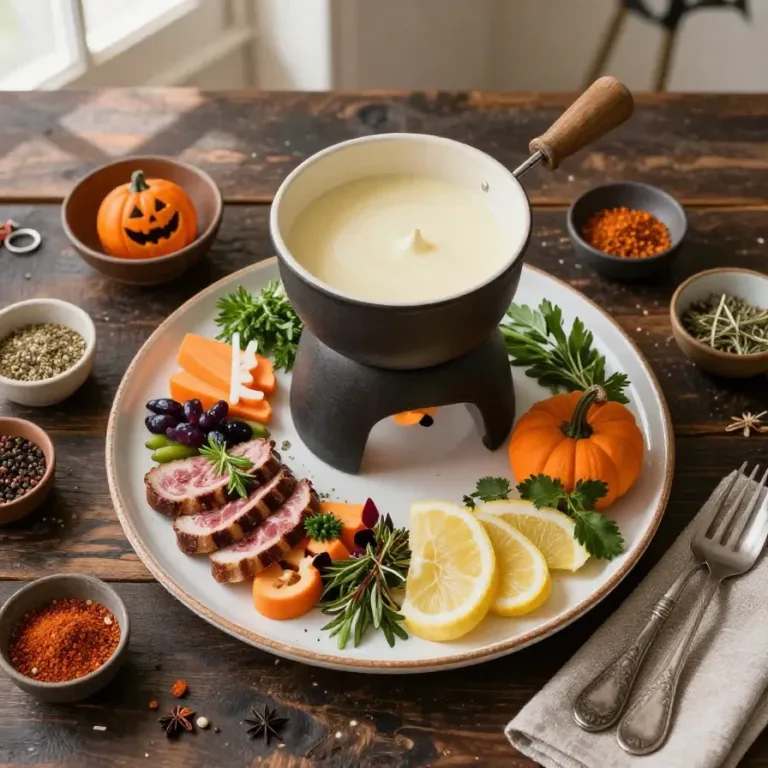 A Halloween-themed fondue bar featuring a black cauldron surrounded by festive treats and dipping sauces.