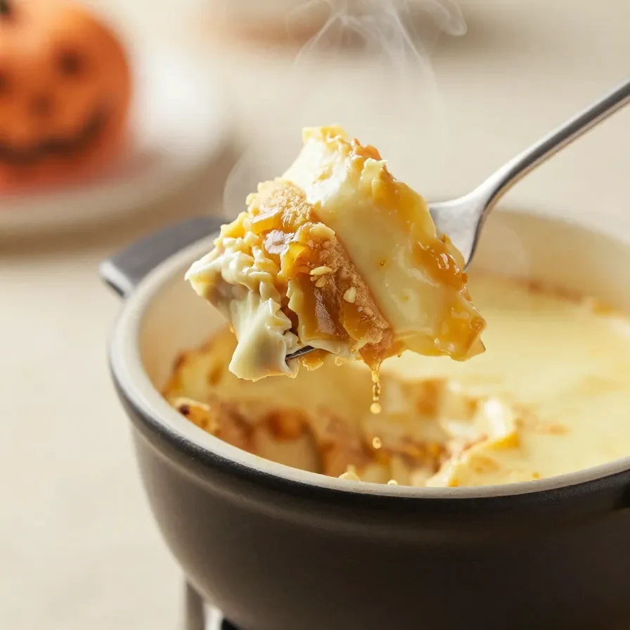 A Halloween-themed fondue bar featuring a black cauldron surrounded by festive treats and dipping sauces.