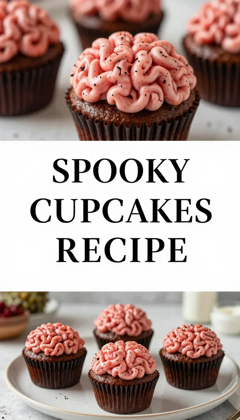 A close-up of brain-shaped cupcakes decorated with pink icing and white candy eyes.