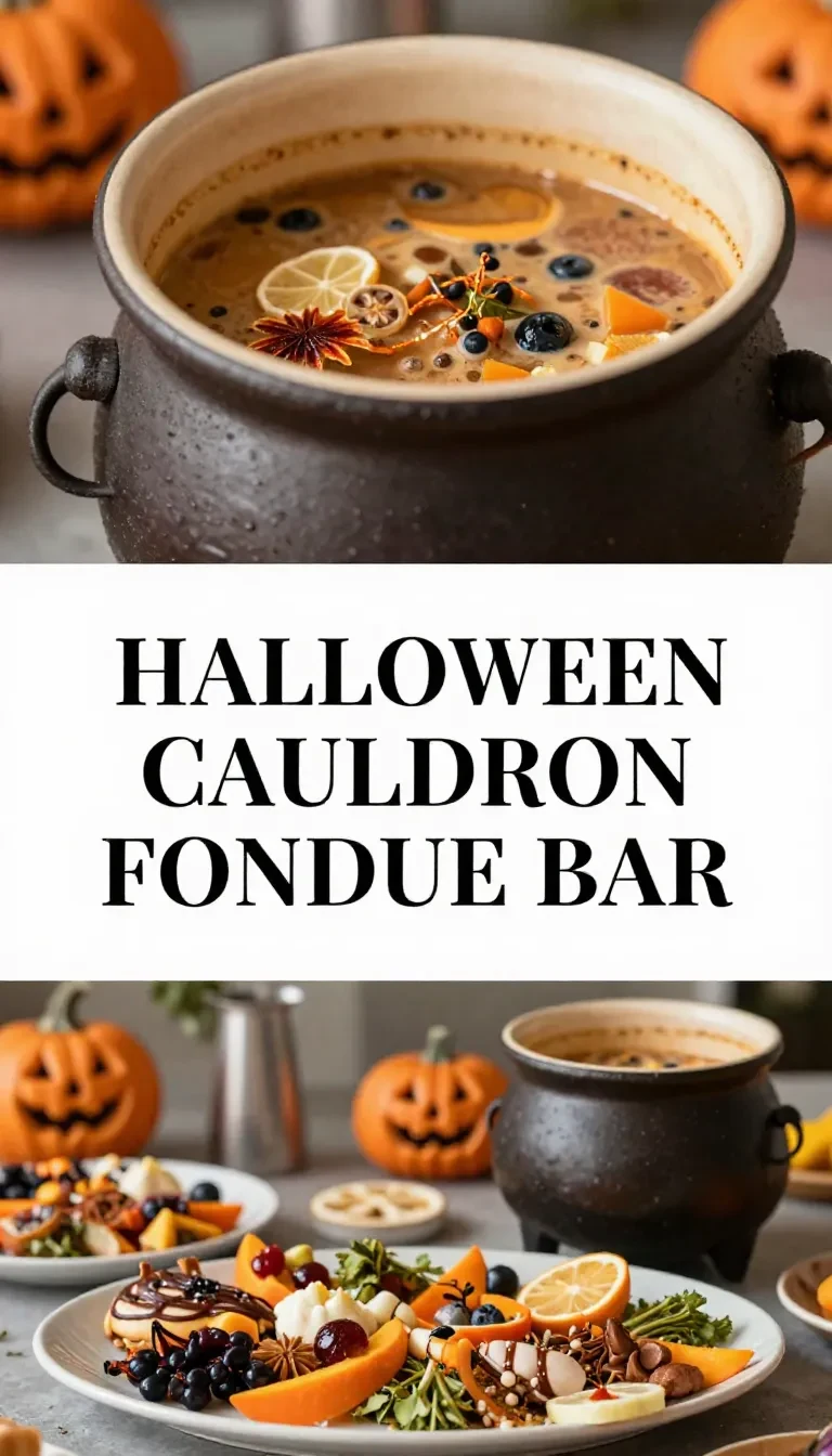 A Halloween-themed fondue bar featuring a black cauldron surrounded by festive treats and dipping sauces.