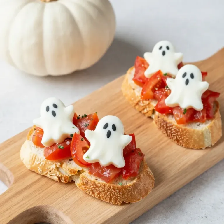 Boo-schetta Ghost Appetizers A plate of ghost-shaped bruschetta appetizers decorated with cream cheese and black olive eyes.