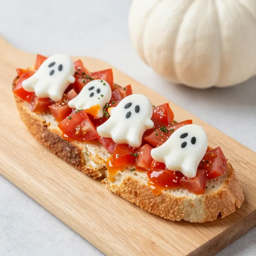A plate of ghost-shaped bruschetta appetizers decorated with cream cheese and black olive eyes.