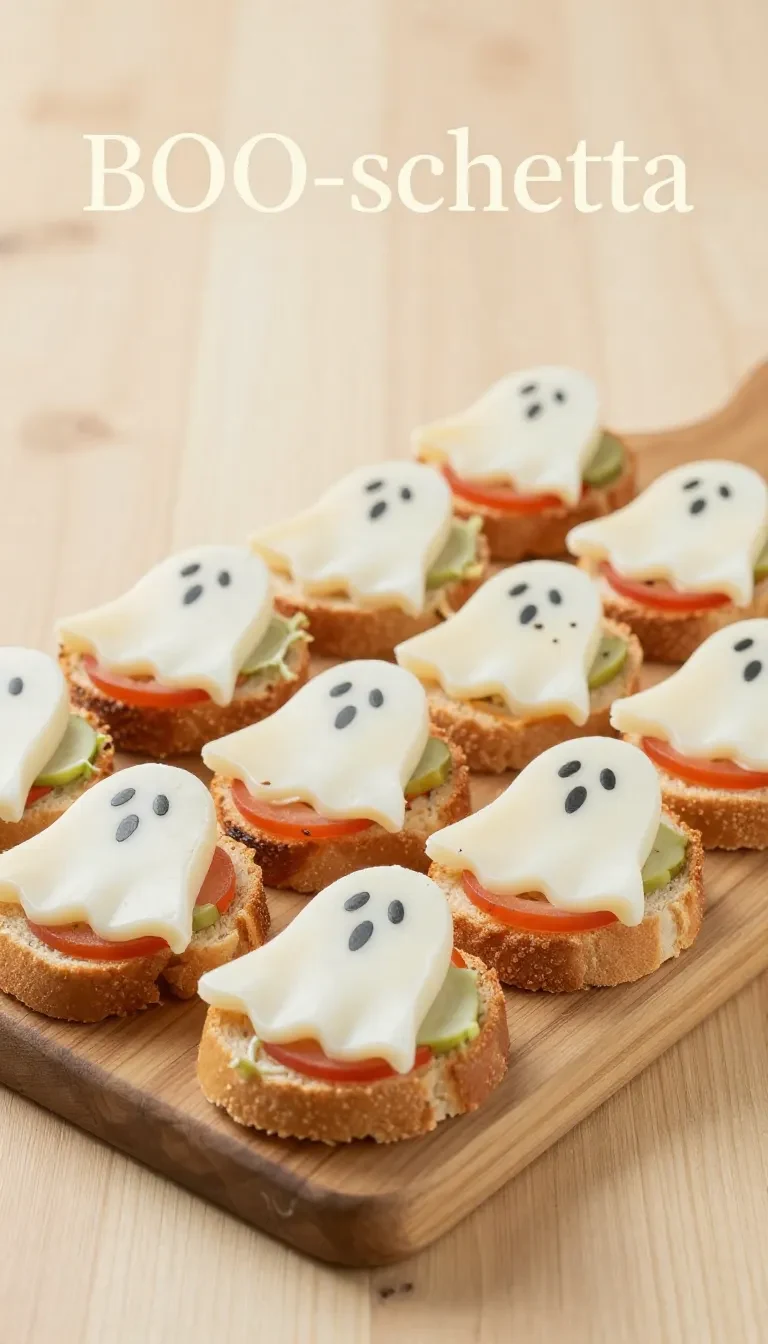 A plate of ghost-shaped bruschetta appetizers decorated with cream cheese and black olive eyes.