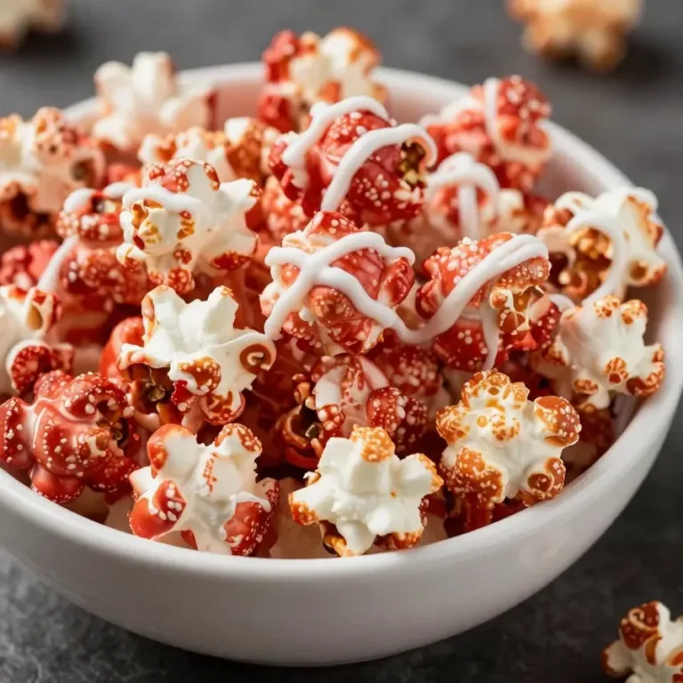 Bloody Red Velvet Popcorn A bowl of bloody red velvet popcorn with a dramatic red hue.