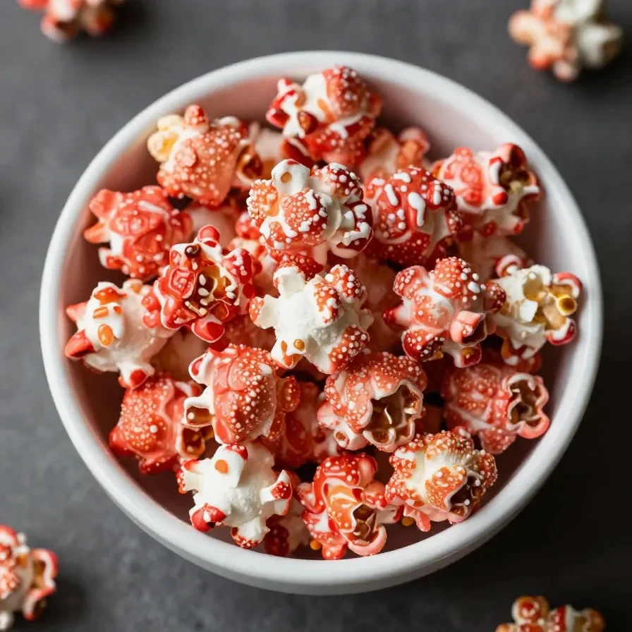 A bowl of bloody red velvet popcorn with a dramatic red hue.