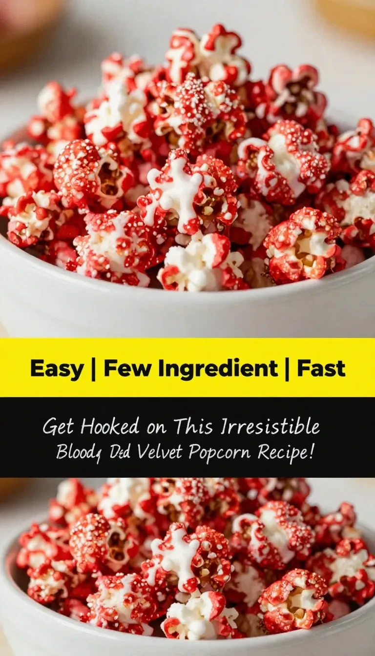 A bowl of bloody red velvet popcorn with a dramatic red hue.