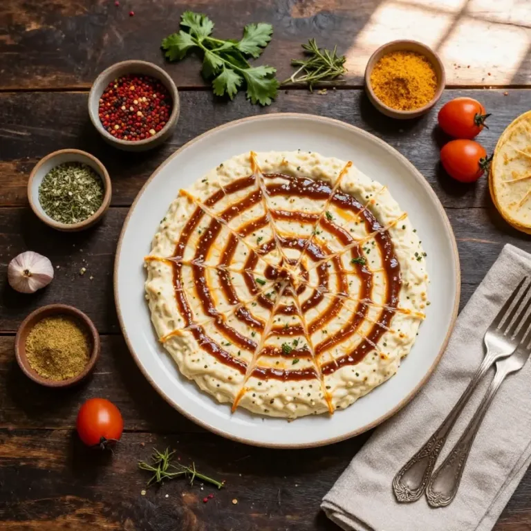 Spider Web Taco Dip A festive Spider Web Taco Dip decorated with sour cream in a spider web pattern, surrounded by tortilla chips.