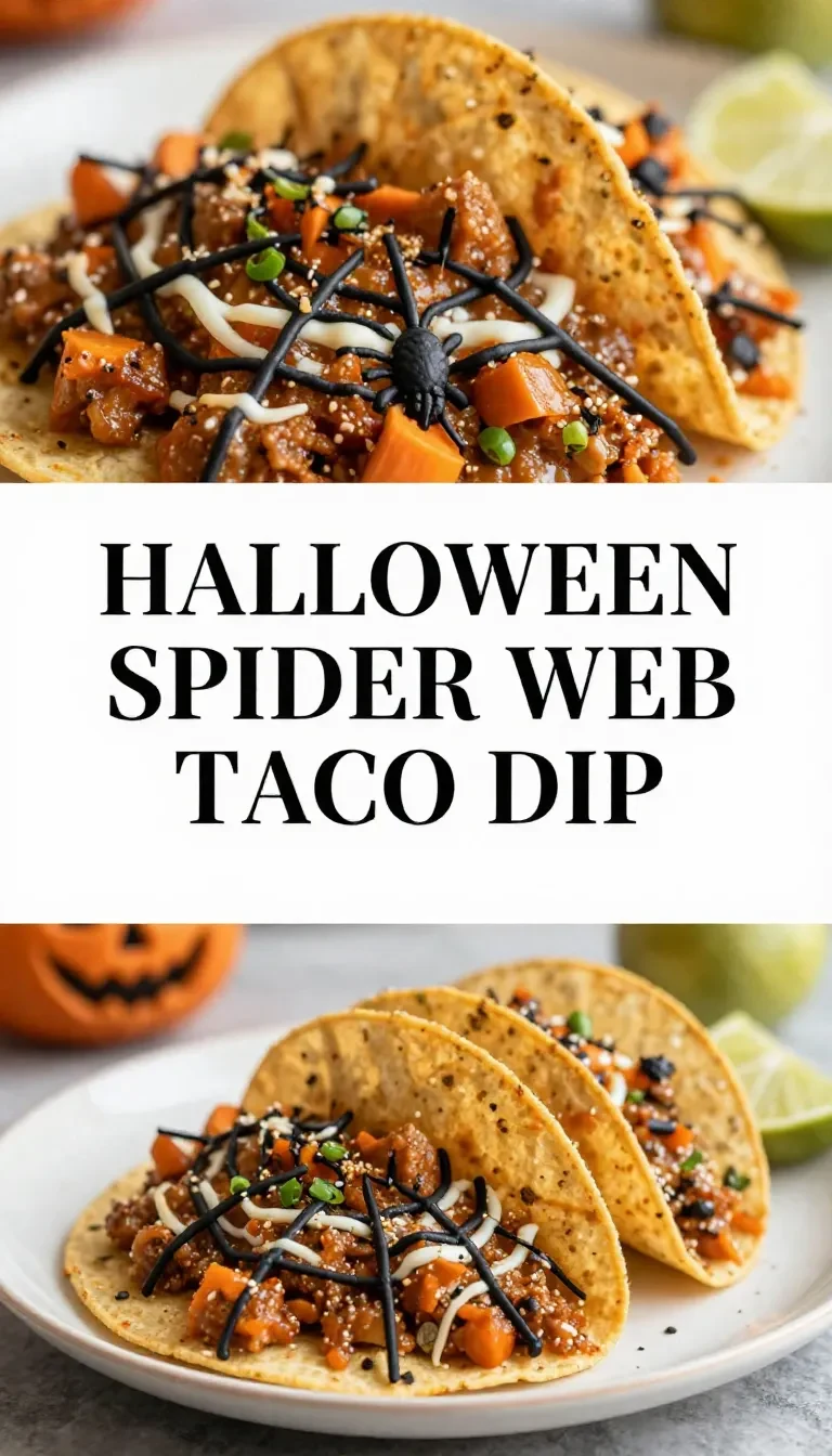 A festive Spider Web Taco Dip decorated with sour cream in a spider web pattern, surrounded by tortilla chips.