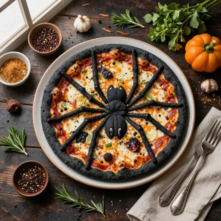 A Halloween-themed pizza with a black crust shaped like a spider.
