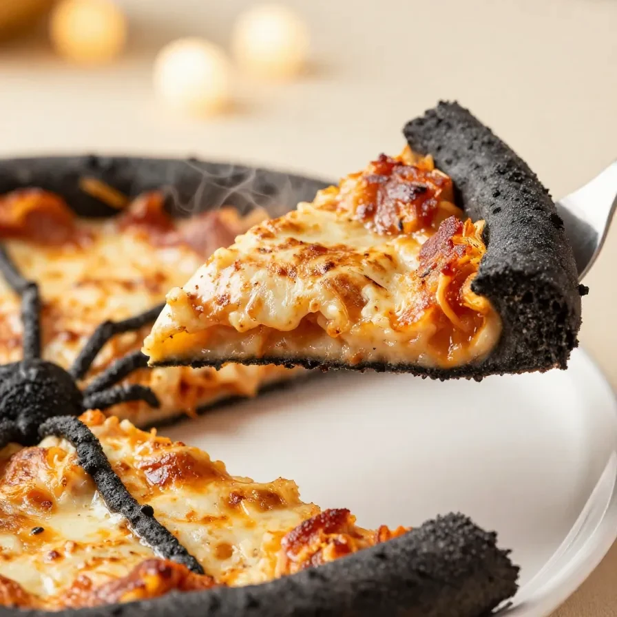 A Halloween-themed pizza with a black crust shaped like a spider.
