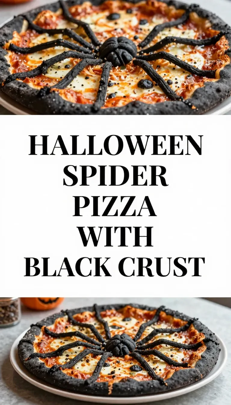 A Halloween-themed pizza with a black crust shaped like a spider.