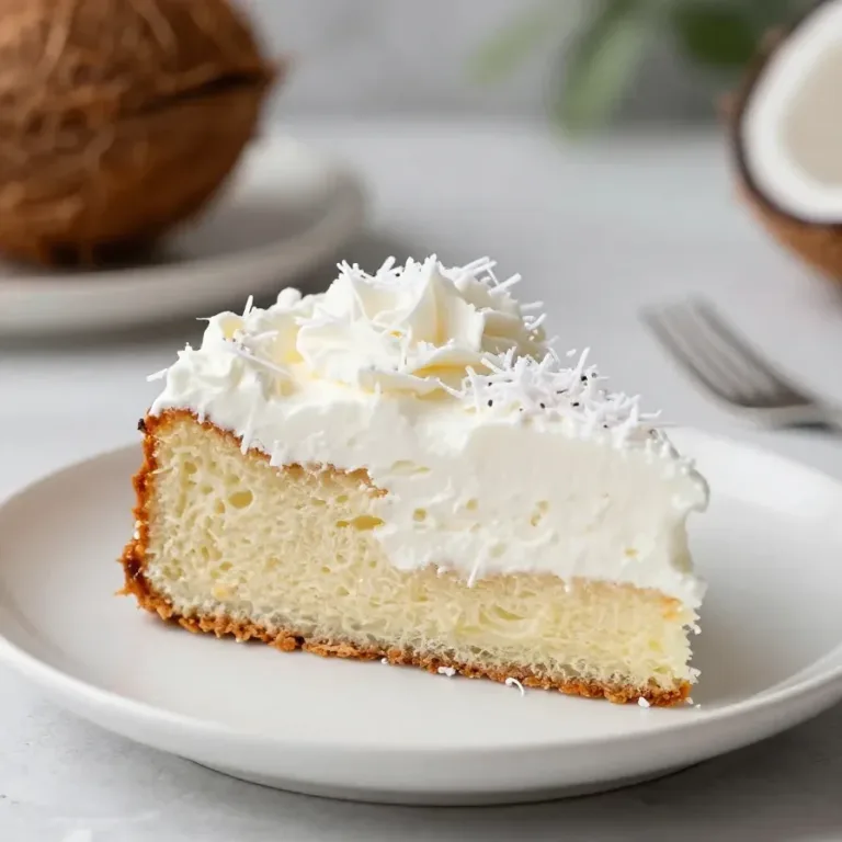 A fluffy coconut cloud cake topped with shredded coconut on a white plate.