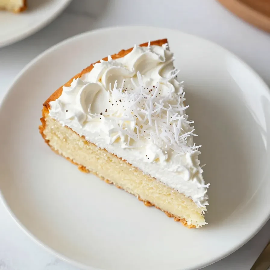 A fluffy coconut cloud cake topped with shredded coconut on a white plate.