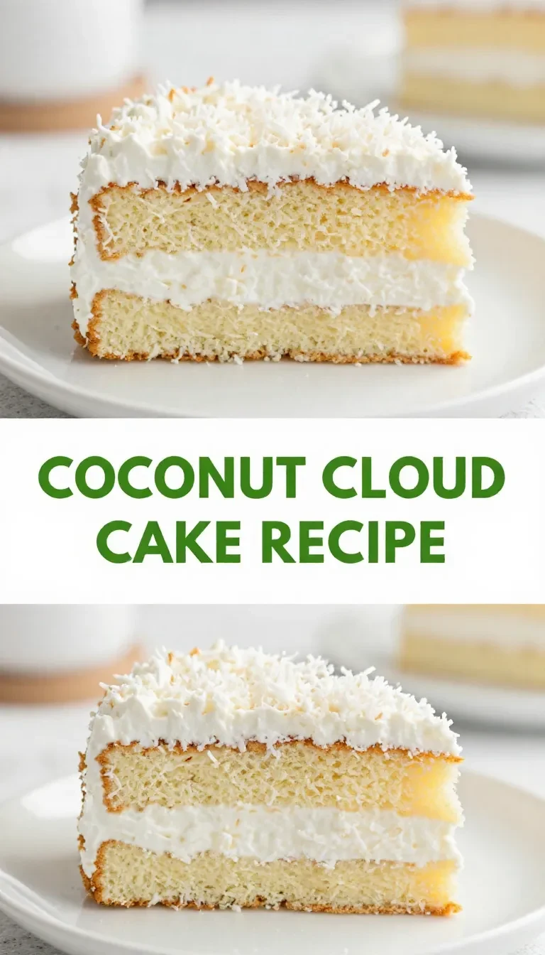 A fluffy coconut cloud cake topped with shredded coconut on a white plate.