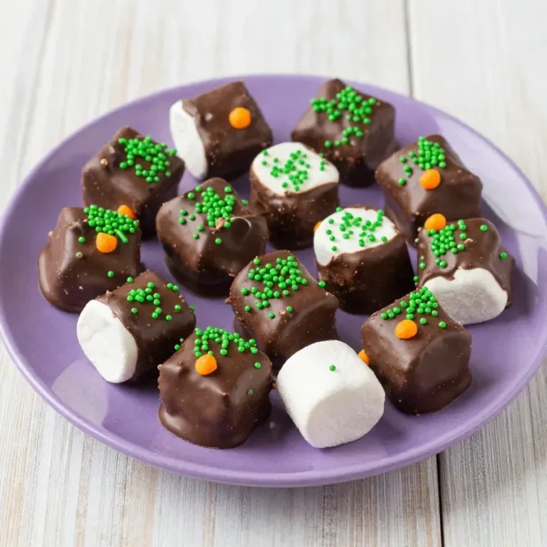 Halloween Dipped Marshmallows A plate of Halloween-themed marshmallows dipped in colorful chocolate and decorated with sprinkles.