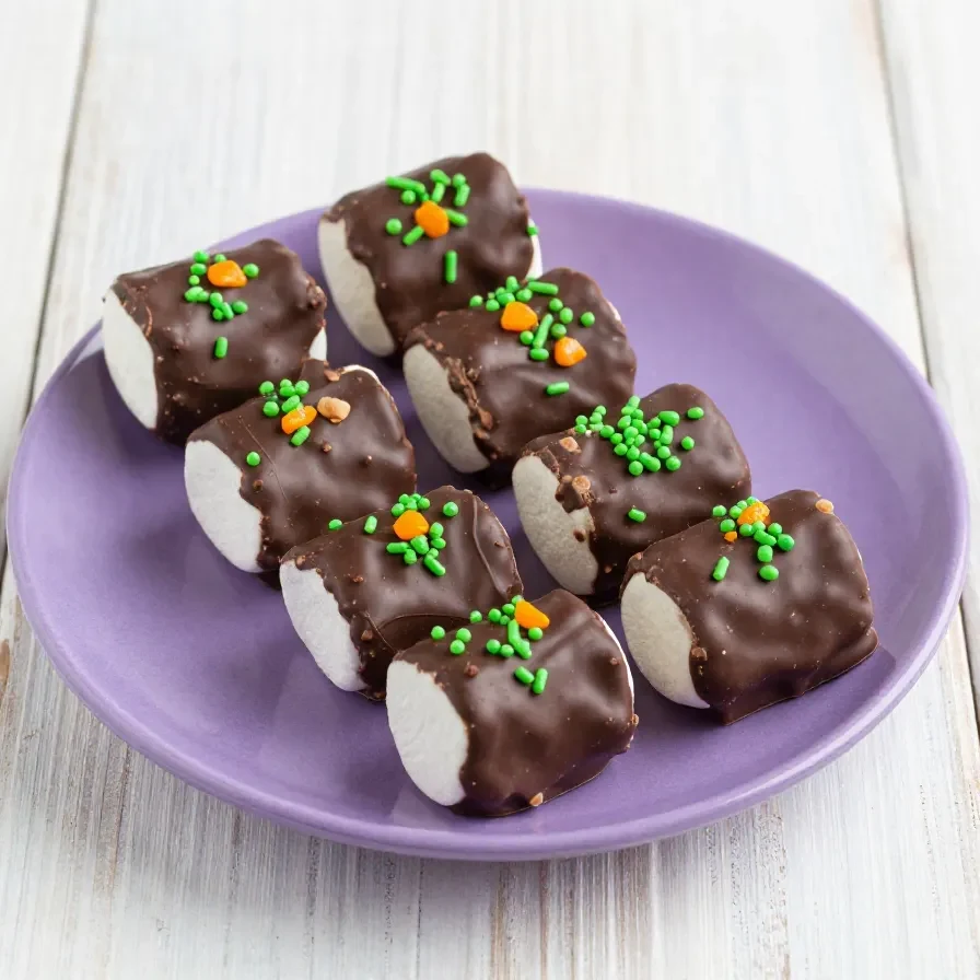 A plate of Halloween-themed marshmallows dipped in colorful chocolate and decorated with sprinkles.