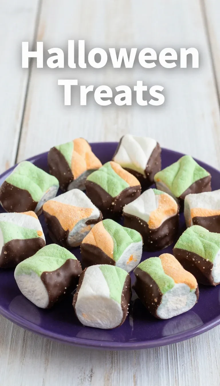 A plate of Halloween-themed marshmallows dipped in colorful chocolate and decorated with sprinkles.