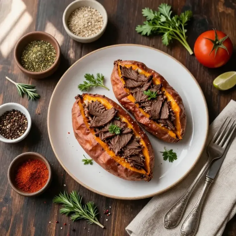 A delicious corned beef stuffed sweet potato topped with melted cheese and green onions.
