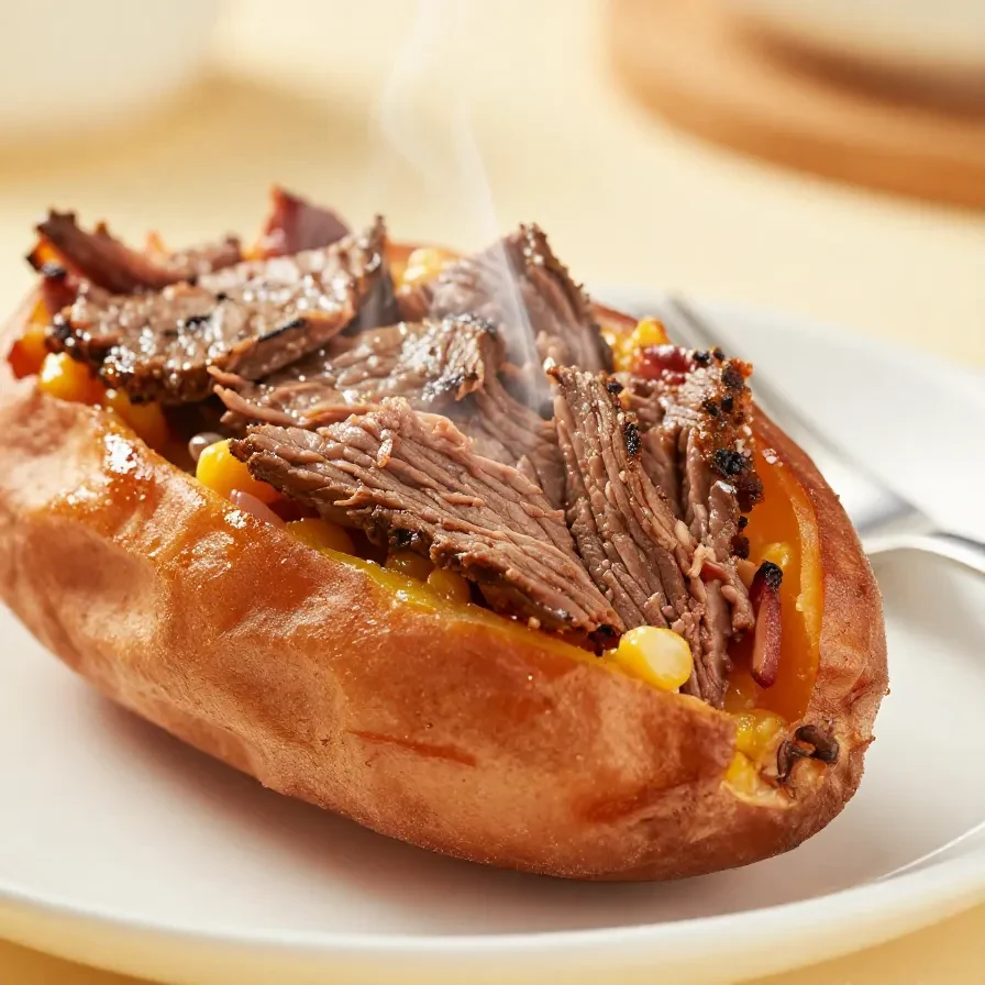 A delicious corned beef stuffed sweet potato topped with melted cheese and green onions.