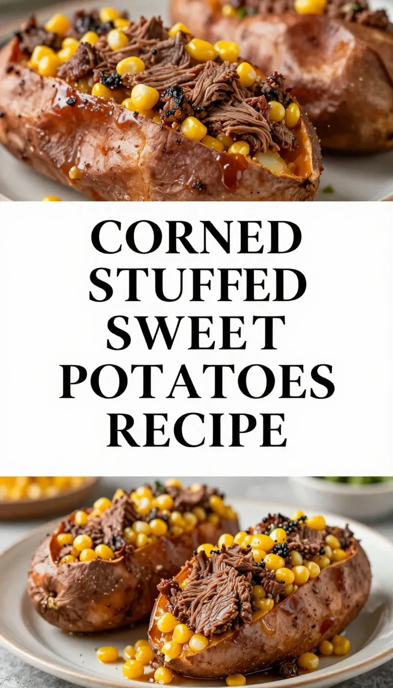 A delicious corned beef stuffed sweet potato topped with melted cheese and green onions.
